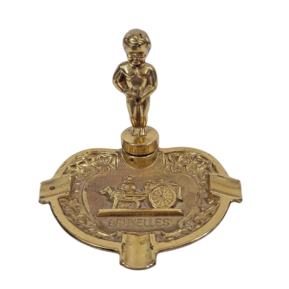 Vintage Brass Ashtray Manneken Pis Statue Brussels Belgium Boy Figure
